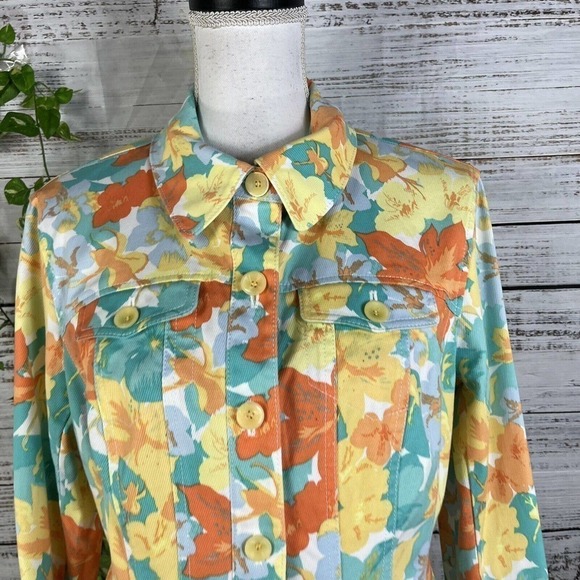 Nicole Miller Denim Jean Jacket size 12 Orange Yellow Floral Pockets Stretch - Picture 3 of 11